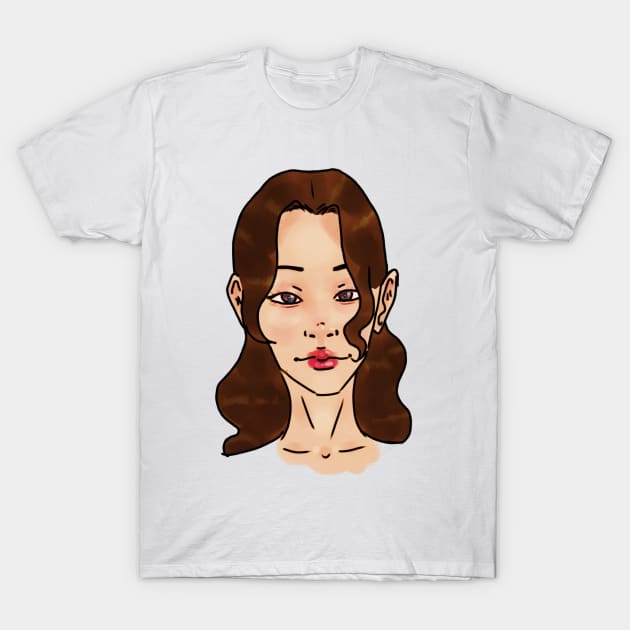 Pretty Asian Girl With Brown Hair And Red Lips Portrait Art T-Shirt by Lillama Sketch